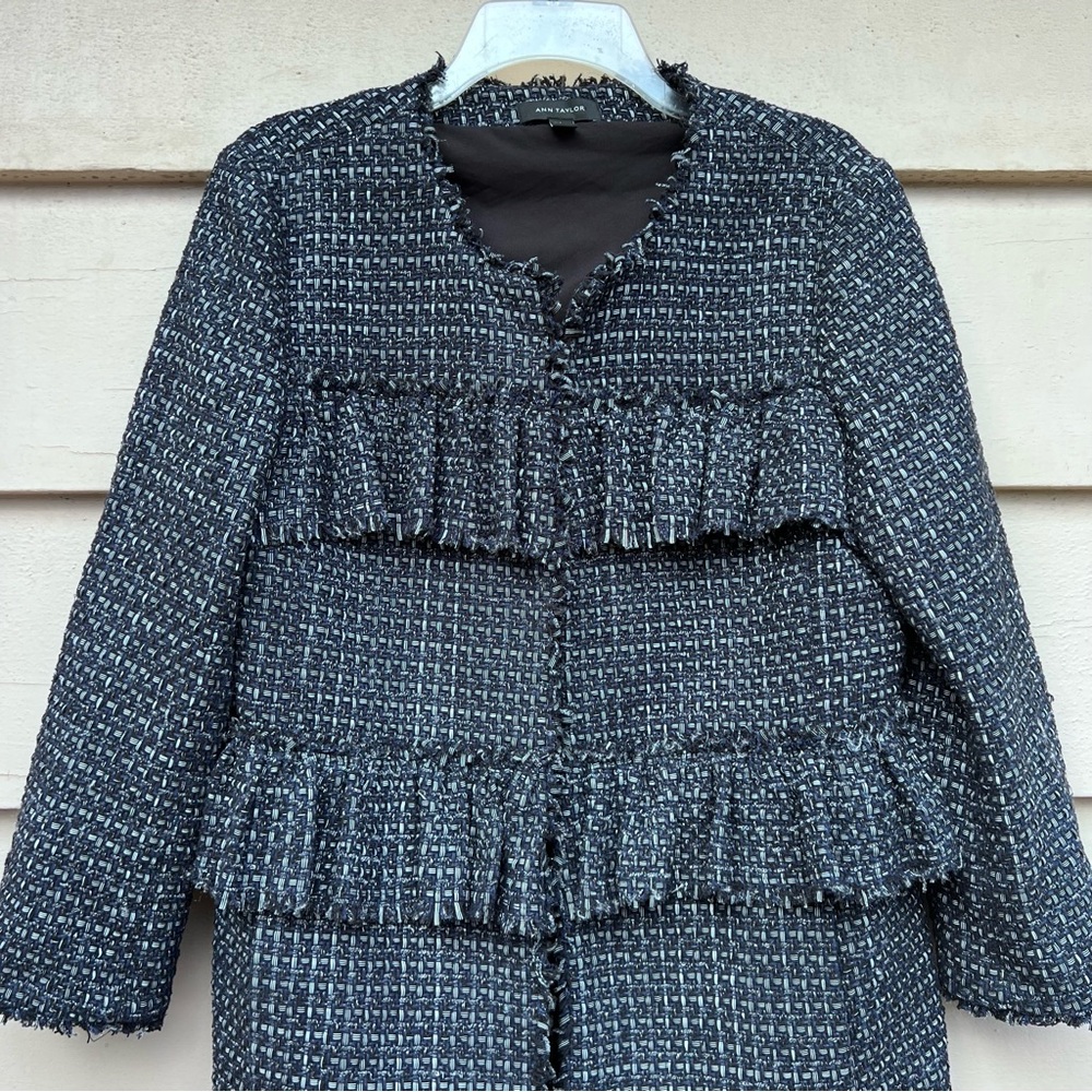 Ann Taylor navy blue metallic tweed ruffle jacket - Picture 8 of 13